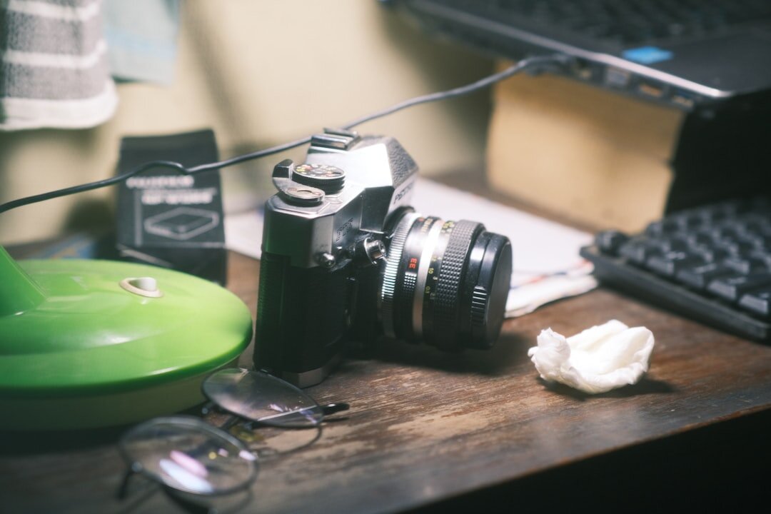 Press desk with camera and notebook for an entertainment newsroom